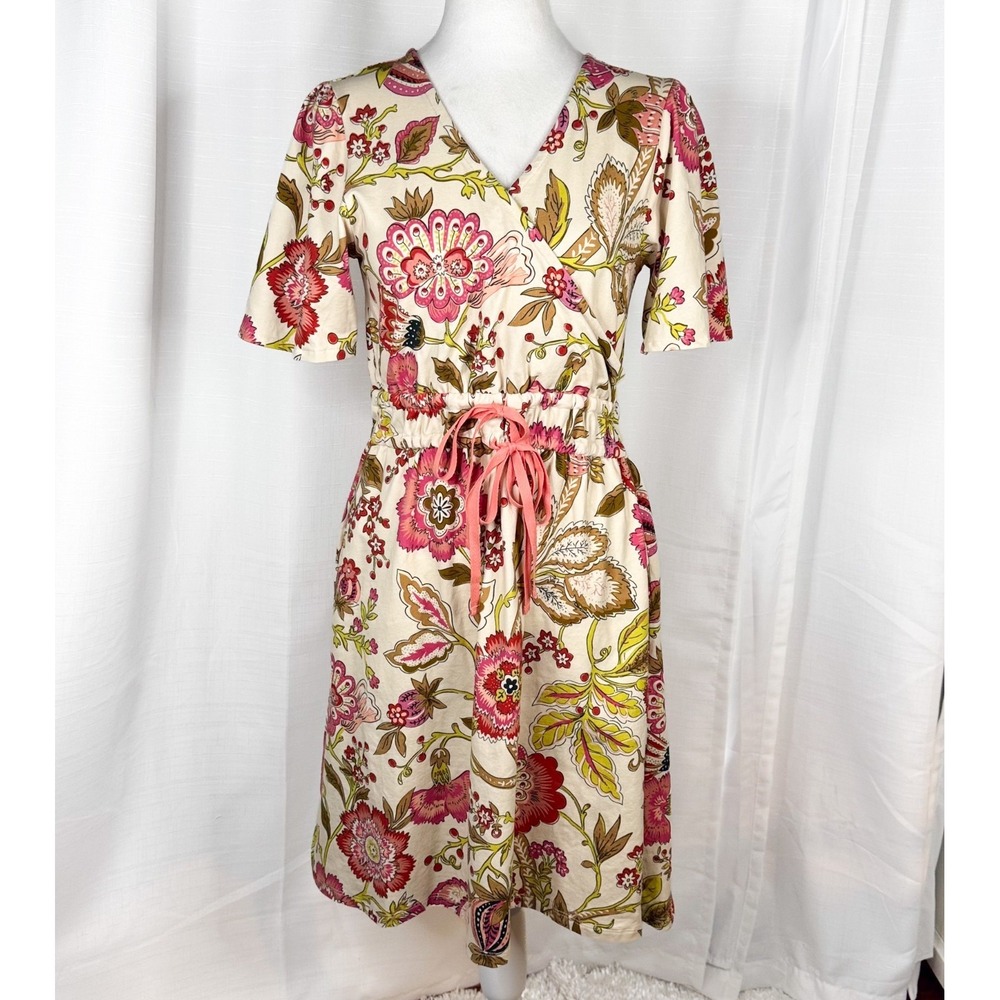 Spartina 449 Dress Womens S Floral Faux Wrap Pink Cream Cotton Stretch Boho EUC